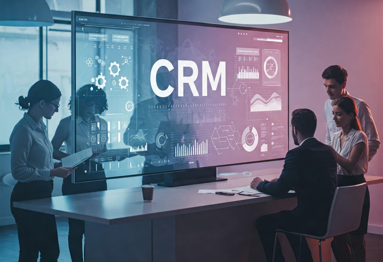 People Standing and sitting around a desk. A floating monitor in the middle says CRM and is surrounded by a bunch of random unlabeled charts and diagrams