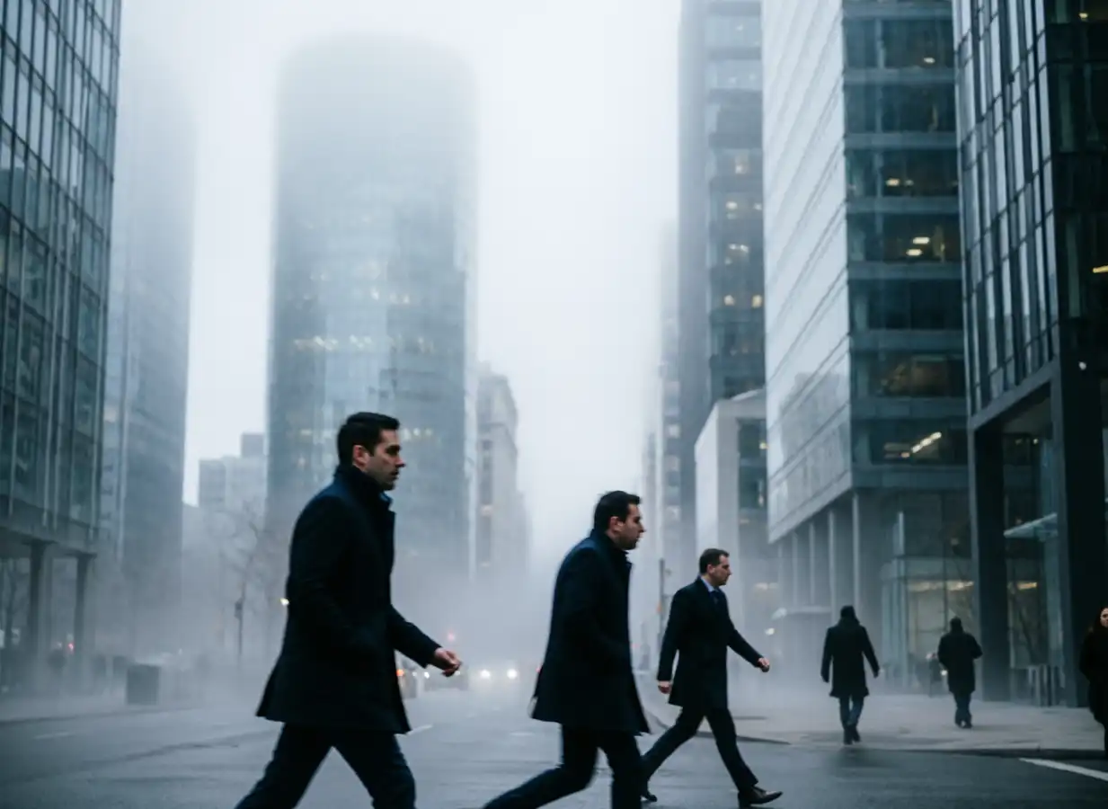 Four people in dark coats walk across a city street surrounded by tall glass buildings on a foggy day, reflecting the uncertainty of a volatile market, with skyscrapers in the background partially obscured by mist.
