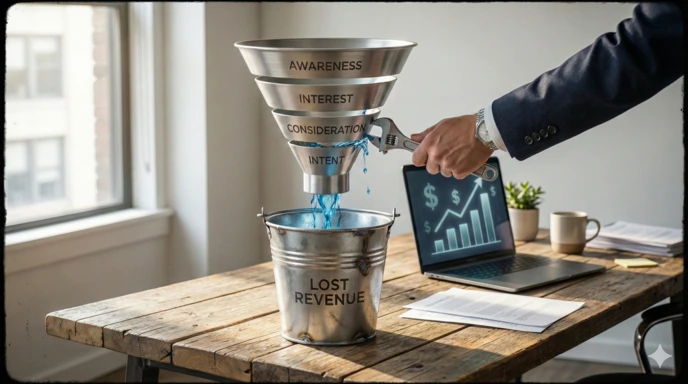 A detailed infographic titled "How to Plug Your Sales Funnel Leaks in 7 Days" illustrates a metallic sales funnel leaking revenue on a wooden desk with a laptop nearby. The funnel progresses from top to bottom: "Awareness" (with glowing money particles entering), "Consideration," "Decision" (with a wrench fixing a leak and money flowing out rapidly), and "Lost Revenue" bucket at the base collecting dollar signs. Key metrics include "+40% Lead Velocity" on an upward graph on the laptop screen and "7 Day Fix" label on the wrench arm in progress.