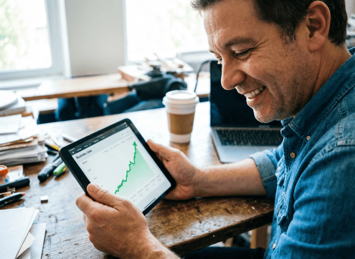 A man looking at a tablet, analyzing business metrics and marketing trends.
