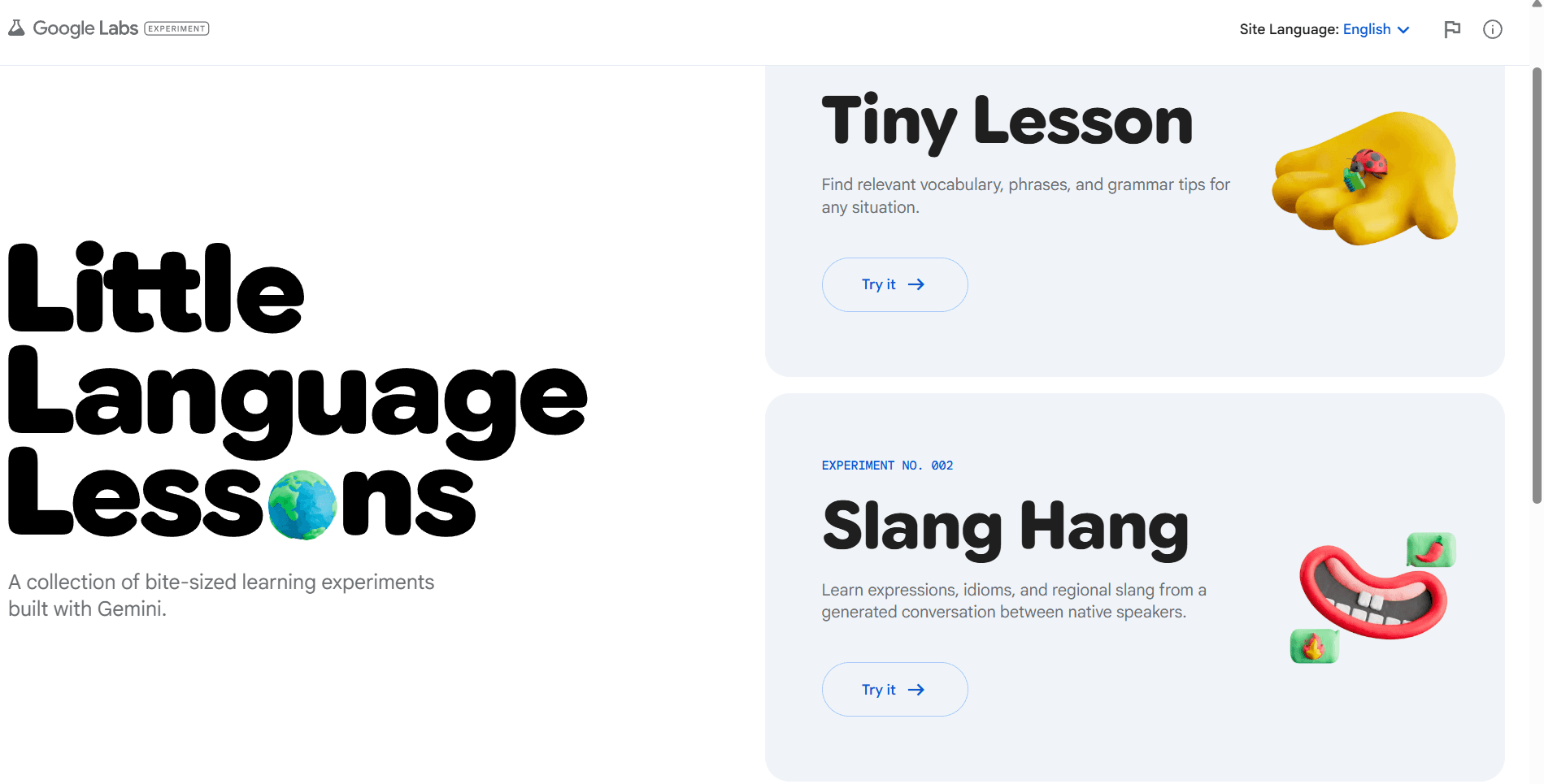 A Google Labs webpage for "Little Language Lessons," described as a collection of bite-sized experiments built with Gemini. The page shows two modules: "Tiny Lesson" for vocabulary and grammar tips, and "Slang Hang" for learning regional idioms and slang through generated conversations.